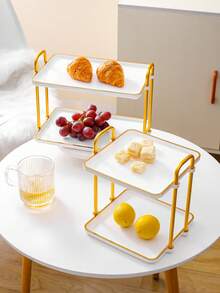 1pc Double Layer Square Tray With Handle, Modern Design, Suitable For Tea Sets, Glassware, Candies, Cookies, Pastries, Wedding, Party, Gift Giving, Birthday - White - View 2