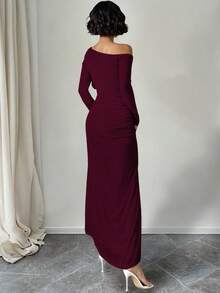 Ween Lady Sexy Slit Off Shoulder Dress - Vino - View 4