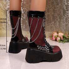 1 Pair Contrast Color Gothic Y2K Punk Street Nightclub Side Zipper Lace-Up Metal Chain Mid-Calf Boots