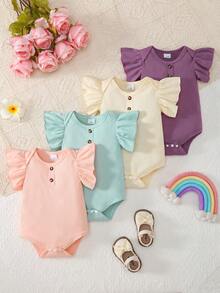 4pcs Baby Girls' Adorable Knitted Bodysuit With Flutter Sleeves, Casual & Sweet Style, Lightweight For Summer