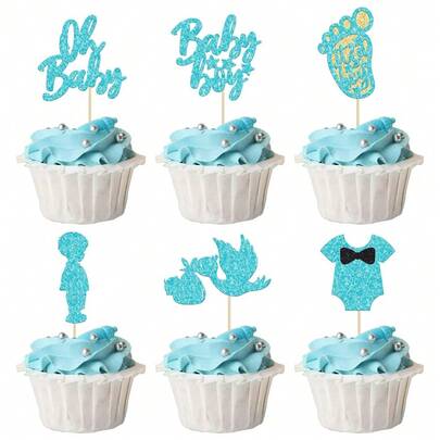12pcs Boy Blue Cake Toppers, It's A Boy Cupcake Toppers With Swan Footprint, Baby Shower Theme Party Supplies, Decorations For Kids Boys Birthday Party Cake