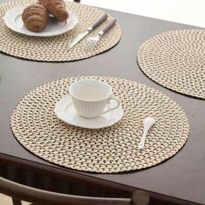 1pc Boho Style Round Placemats, Brown Line Woven With Small Cutout Design, Kitchen Table Decor Non-Slip Coasters, Suitable For Holiday Parties, Birthday, Wedding Dinners, Home Decoration