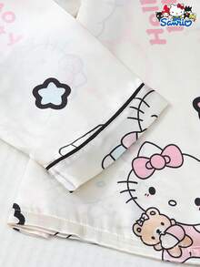 Sanrio 两件套女士春夏缎面三丽鸥Hello Kitty翻领长袖纽扣口袋上衣和蝴蝶结长裤睡衣套装，适合居家穿着，秋冬皆宜。