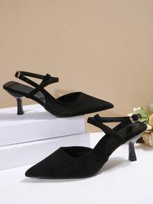 Sandalias elegantes y sensuales para mujer con punta afilada, hebilla y tacón fino, zapatos de tacón elegantes para mujer, zapatos de tacón con punta redonda y talón abierto, ideales para fiestas, reuniones y eventos. - Negro - Ver 2