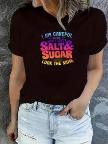 Colorful Letter Graphic Fashion Crew Neck Sports Short Sleeve T-Shirt Top Women's Sportswear - 黑色 - 查看 4