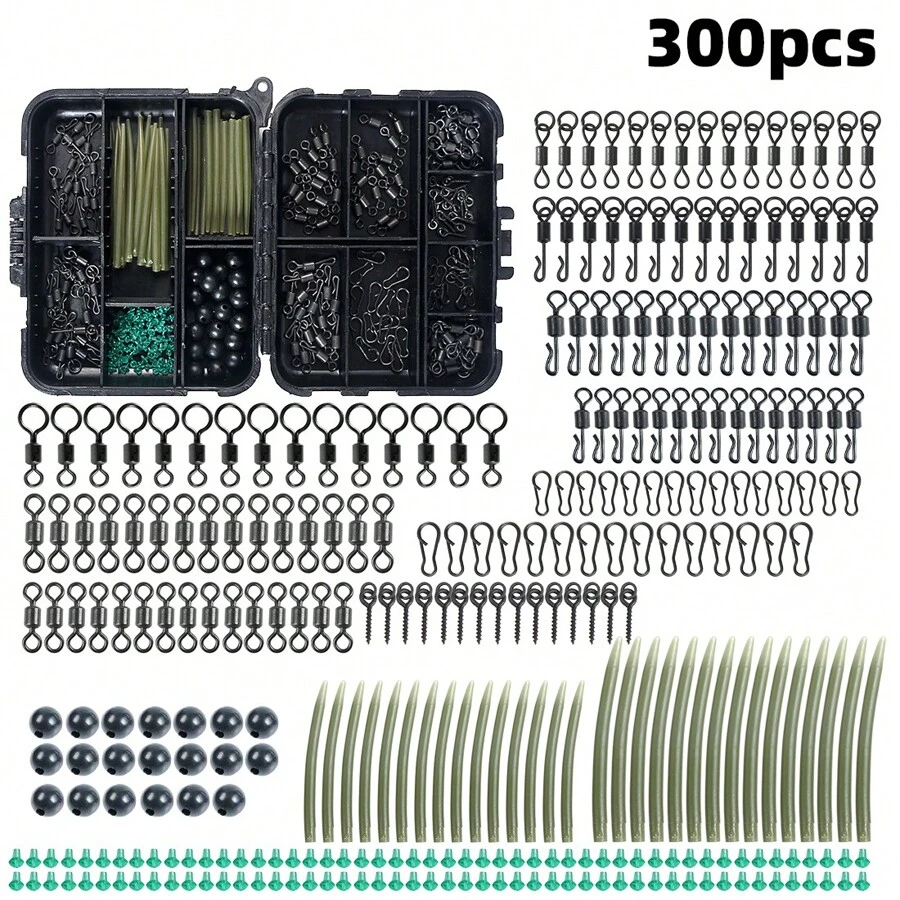 300pcs Carp Fishing Tackle Set Includes Soft Tube, Line Anti-Back Device, Swivel, Connectors, Fishing Gear