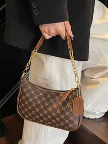 1 件女士纯色 PU 单肩包，多功能腋下包，适合工作通勤，可调节肩带斜挎包链条包腋下包手提包带金属刺绣字母 - 咖啡 - 查看 9