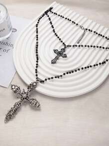 1pc Multi-Layer Cross Pendant Necklace, Black Metal Faux Crystal Zirconia, Women Punk Goth Party Accessory, Match Daily Outfit