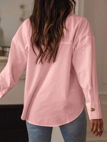 Women Elegant Casual Fashion Solid Heart Button Decor Shirt, Spring/Summer - Pink - View 2