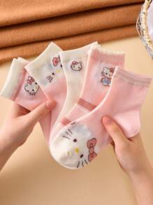Sanrio 5 pares de calcetines de bebé de Hello Kitty, calcetines infantiles rosas de dibujos animados y adorables, calcetines para el hogar, adecuados para todas las estaciones