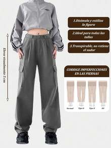 Pantalones anchos de mujer estilo cargo – Pantalón negro de dama de talle alto con bolsillos con solapa – Pantalones acampanados tipo vestir, cómodos y holgados - Gris - Ver 8