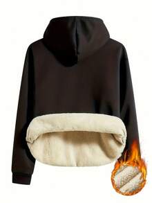 男士时尚运动衫，男士纯色简约套头衫秋冬羊羔绒内衬保暖连帽运动衫 - 黑色 - 查看 2