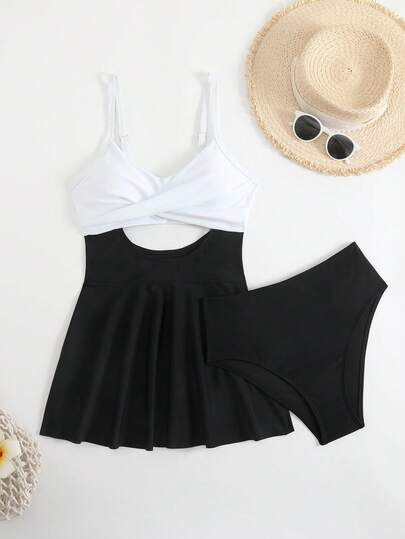 Conjunto de traje de baño elegante de 2 piezas para mujer, que consiste en una parte superior con diseño cruzado calado en la parte delantera y espalda anudada, y una Bottom de corte clásico triangular, apropiado para la playa, vacaciones, regreso a la escuela, fiesta de verano y fiesta en la piscina