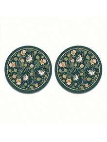 2个孔雀绿花卉仿皮车载杯垫 - 直径2.75英寸，超薄高清图案，耐用防水防尘 - 送朋友的理想礼物