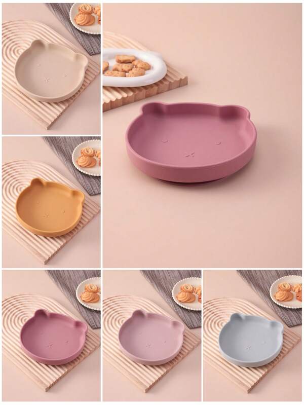 PopLittleOne 1pc Baby Silicone Bear Shape Plate Silicone Cookware Plate For Food Cute Animal Shape Dishes Toddle Training Children's Tableware