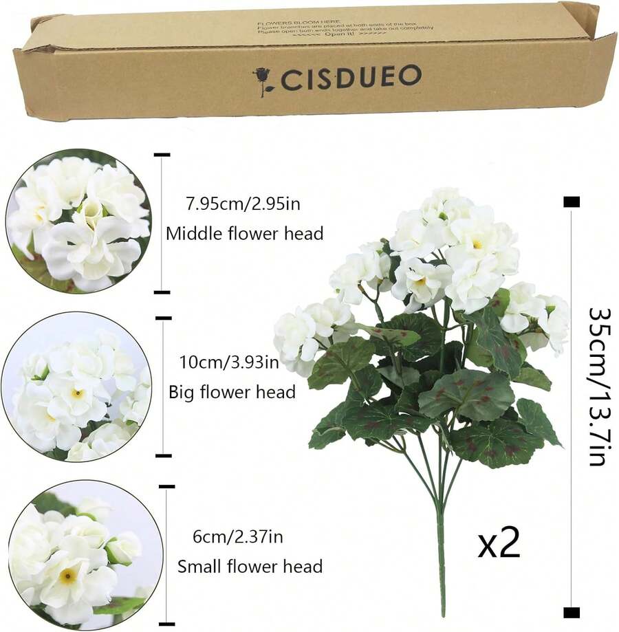 2 Pcs Artificial Geraniums For Outdoor Silk Flowers White Artificial Geranium Bush Faux Flowers Geraniums For Floral Home Decor Indoor Garden Patio Grave Cemetary Vase Table Centerpiece - 黑與白 - 查看 1