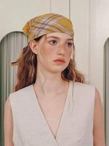 1件装女士时尚小众黄格子头巾新款三角巾方巾复古格子丝巾适合日常佩戴 - 彩色 - 查看 4