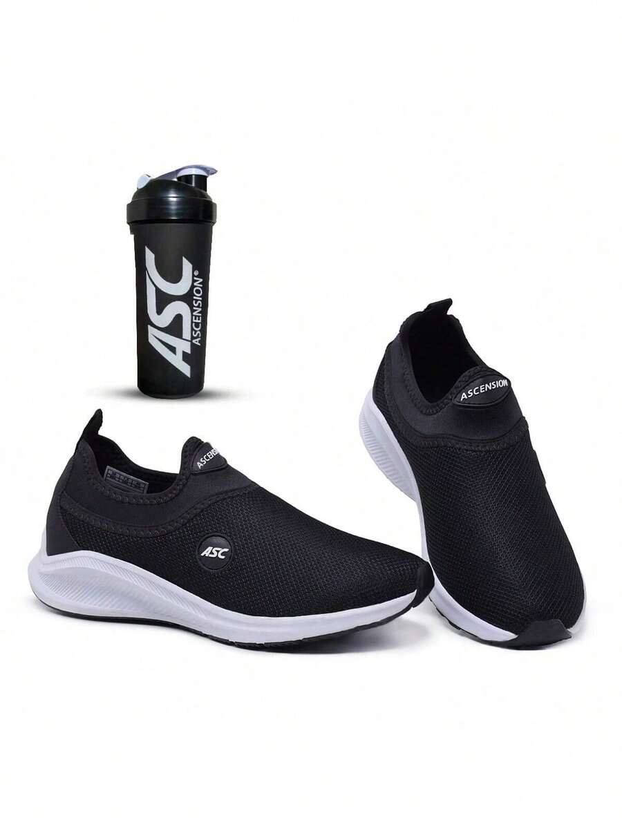 Ascensao Tênis Ortopédico Esportivo Masculino e Feminino Com Solado Durável e Flexível Com Coqueteleira - Preto e Branco - Visão 1