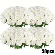 50/25/5pcs White Roses With Stems And Stems + 6 Corner Leaves - Realistic Artificial Roses For DIY Wedding Bouquets, Bridal Gifts, Table Decorations And Home Decorations, No Container Required, Wedding Decorations, Elegant Floral Combinations, Natural Rose Look