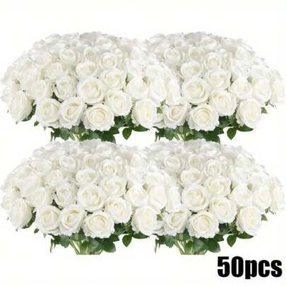 50/25/5pcs White Roses With Stems And Stems + 6 Corner Leaves - Realistic Artificial Roses For DIY Wedding Bouquets, Bridal Gifts, Table Decorations And Home Decorations, No Container Required, Wedding Decorations, Elegant Floral Combinations, Natural Rose Look