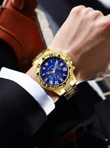 High-End Business Oversized Dial Triple Eye Steel Bracelet Watch, Blue Tinted Glass, Round Dial, Ideal Gift For Men
