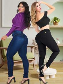 Kit 2 Calça Feminina Jeans Skinny com Elastano (Lycla) Cintura Alta Levanta Bumbum