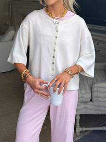 Women Short Sleeve Cardigan Button Down Open Front Knit Crew Neck Sweater Tops Oversized Lightweight Cardigans - 白色 - 查看 2