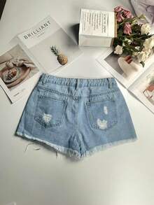 Short en jean vintage délavé pour femmes, décontracté pour l'été - Bleu azur - Voir 9