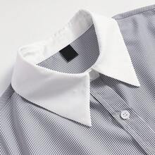 QIANZHIDU 女士条纹前排扣休闲通勤商务女士公司服装老式风格女士长袖衬衫