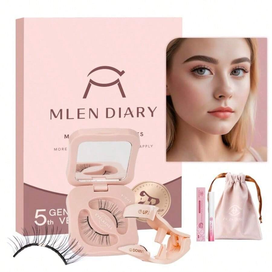 MLen Diary Magnetic Eyelash Case - Reusable Soft Magnetic Eyelashes, No Glue & Eyeliner, Waterproof, Lightweight Natural Look, 10-12mm, Includes Pouch & Brush, Magnetic Eyelashes Reusable