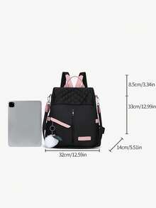 Black And Pink Oxford Cloth Women'S Backpack With Multiple Compartments, Perfect For Teen Girls, Women, Men, Students, Travel, Work, School, And Daily Use – Stylish, Lightweight, Anti-Theft, Durable, With Cute Pom-Pom Charm. The Material Appears To Be Durable, Making It Suitable For Daily Use, Such As Commuting Or Traveling. For Carrying Books, Personal Items, Etc. - 黑色 - 查看 11