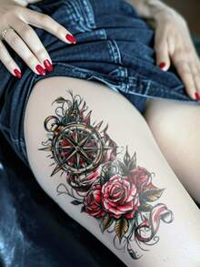 1 Foglio di grandi dimensioni Tatuaggi temporanei da donna, stile retrò old school con motivo di rosa rossa e bussola, tatuaggi finti impermeabili, durano 2-5 giorni, coprono cicatrici, utilizzabili su braccia, polsi, spalle, gambe, vita, collo, mani, petto, cosce e dita, adatti per abbigliamento corporeo, vacanze, regali, feste, festival musicali