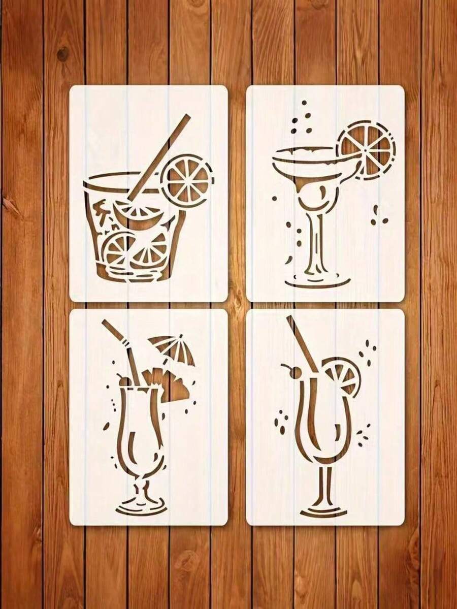 4pcs Reusable Beverage Cup Stencil Templates, Size 7.5x15cm, Suitable For Soda, Art Projects, DIY Fabric, Canvas, Wood Wall, Furniture And Home Decor, Made Of Milky White PET Material - Sets - View 1