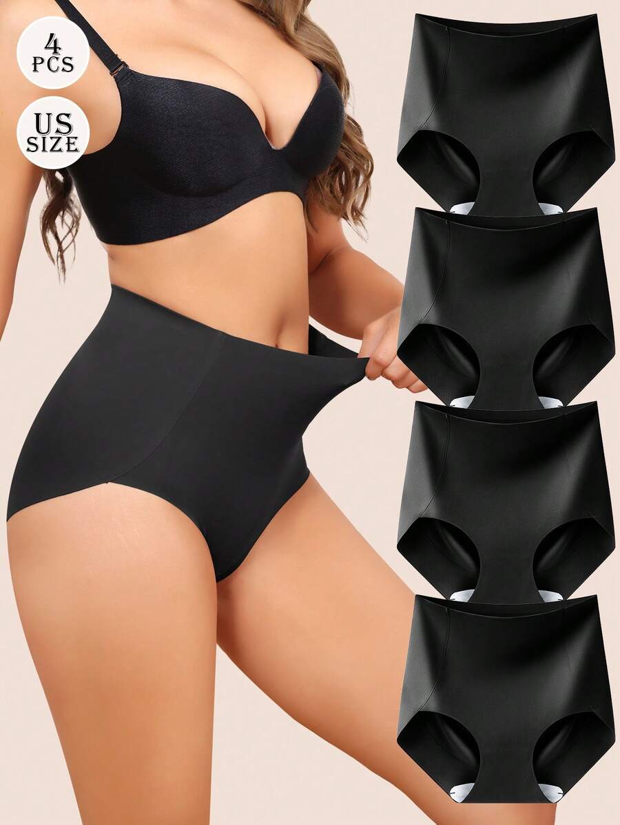 4-Pack Multi Color Women Tummy Control Underwear High Waisted Seamless Panties No Show Postpartum Briefs S-XXL - 黑色 - 查看 1