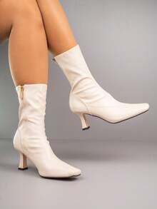 Elegant Ankle Boots With Side Zip And Slim Heel Design - Beige - View 3