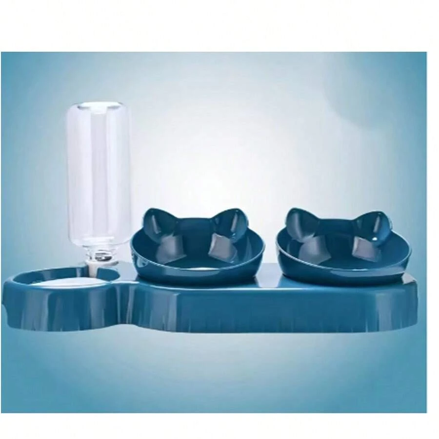 Three In One Cat Feeding Station, Durable Plastic Food And Water Bowls, Cute Cat Ear Design, Suitable For Two Cats To Eat - 藏蓝色 - 查看 1