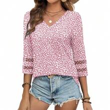 XIEERDUO 3/4 Length Sleeve Womens Tops Dressy Casual Blouses For Women 2025  V Neck T Shirts Summer Clothes - Z 粉紅點 - 查看 3