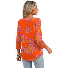 XIEERDUO 3/4 Length Sleeve Womens Tops Dressy Casual Blouses For Women 2025  V Neck T Shirts Summer Clothes - Z 橙色印花 - 查看 5