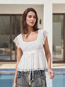 Womens Lace Ruffled Crop Tops Y2k Square Neck Flying Sleeve Babydoll Tank Top Tie Front Flared Hem Boho Blouse - trắng - Xem 5