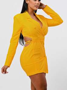 ICONIC BLAZER DRESS  Plain    Elegant    Double Button  Pocket  Button Front    Vacation - Yellow - View 5