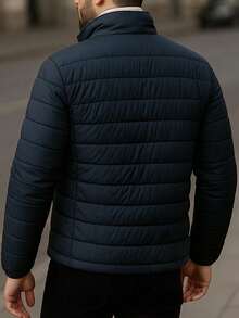 Chamarra Acolchada para Hombre, Estilo Elegante Urbano, Ligera, Antifrío para Invierno, Forro Afelpado - Azul Marino - Ver 3