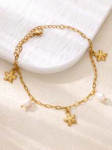 Tornozeleira de aço inoxidável com pingente de estrela do mar e pérola falsa Boho, tornozeleiras e pulseiras banhadas a ouro 18K com estampa de vida marinha antidesbotamento, joias para férias na praia, acessórios para festa, presentes para melhor amiga/mãe