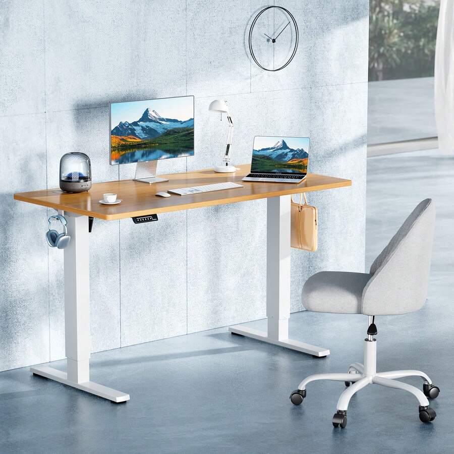 OLIXIS Electric Standing Desk, Adjustable Height 55x24 Inch Sit Stand Up Computer Gaming Rising Table Modern Lift Motorized Ergon - 原木色 - 查看 1