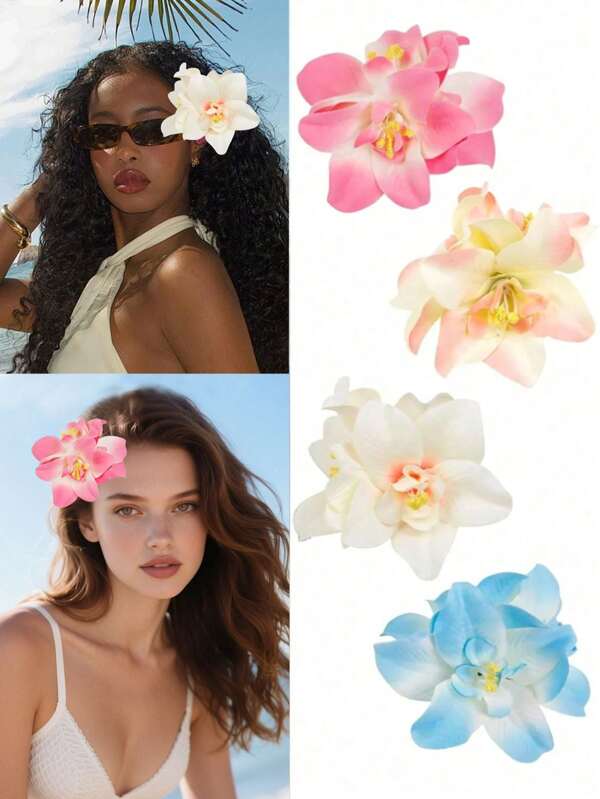 4 peças/1 peça Presilhas de Cabelo com Flores de Hibisco Tropical, Flores Havaianas Artificiais Acessórios de Cabelo Feminino, Adequado para Praia, Festa, Estilo Boho, Moda, Elegante, Minimalista, Cor Sólida, Adequado para Uso Diário, Casual, Festa, Transporte, Férias, Rabo de Cavalo, Coque, Lavar o Rosto, Maquiagem, Decoração de Roupa, Acessório de Verão, Presilhas de Garra, Grampo de Cabelo, Garras de Cabelo