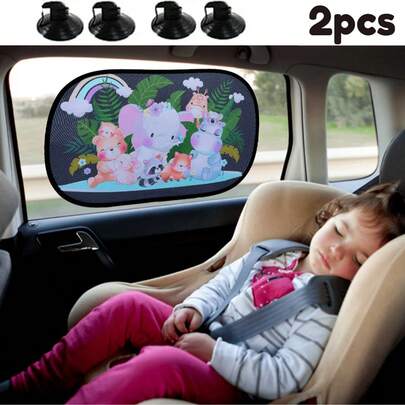 2入組汽車側窗PVC靜電膜+吸盤卡通防曬罩