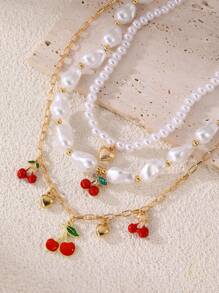Set de 3 collares con colgantes de cerezas y corazones de perlas falsas para mujeres, adecuados para diario, fiesta, vacaciones
