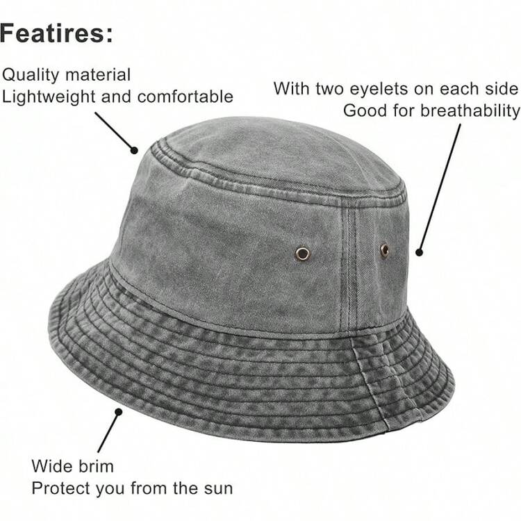 Bucket Hat, Wide Brim Washed Cotton Outdoor Hat Flat Top Cap Fishing Hiking Beach Sports - 灰色 - 查看 3