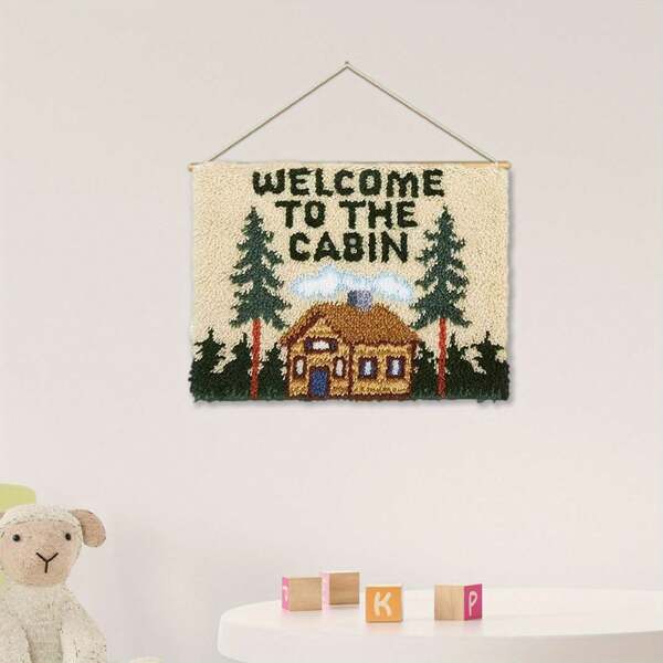 Forest Cabin, Latch Hook Kit DIY Crochet Yarn Kit Needlework Crochet Carpet Yarn Cushion With Printed Canvas For Home Decor 20.5X15 Inches