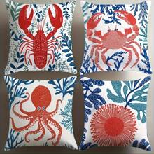 4pcs Colorful Marine Life Decorative Pillow Covers, 45cm - Coastal Charm Throw Pillow Cases With Lobster, Crab, Octopus And Coral Patterns, For Sofa, Bed, Living Room - Soft Polyester, Zipper Closure, Hand Wash Only (Pillow Insert Not Included)