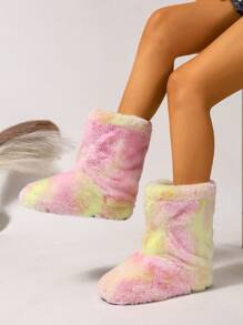 Women's Faux Fur Boot Furry Fluffy Round Toe Suede Winter Comfy Plush Warm Short Outdoor Indoor Flat Shoes Mid-Calf Boots